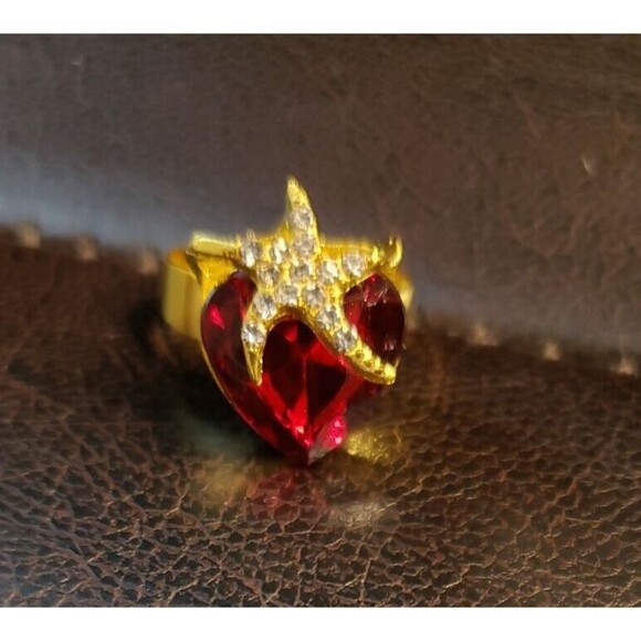 Gold Red STRAWBERRY Heart Rhinestone Necklace Earrings Ring Jewelry Set - Picture 4 of 8